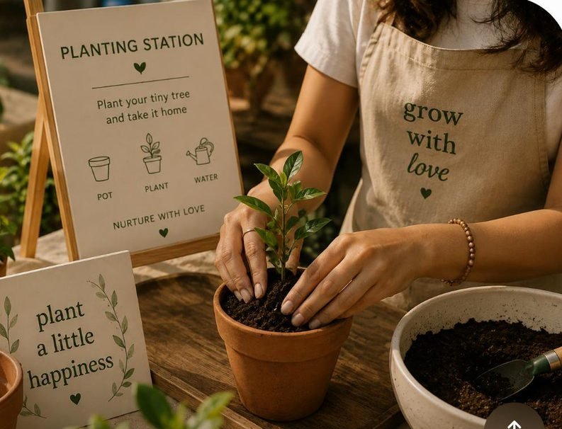 Hands pressing a seedling into soil in a terracotta pot.